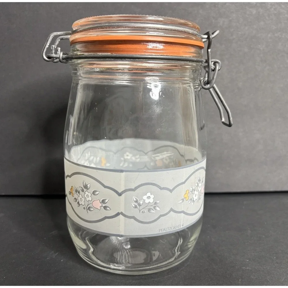 Pfaltzgraff Remembrance Glass Canister 1L Floral Arc Floral Hinged Lid *READ